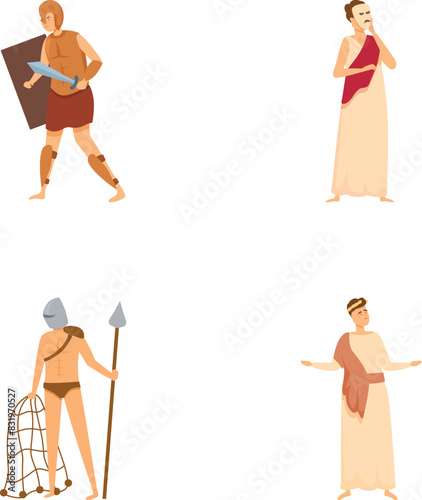 Amphitheater icons set cartoon vector. Ancient roman character. Historical concept