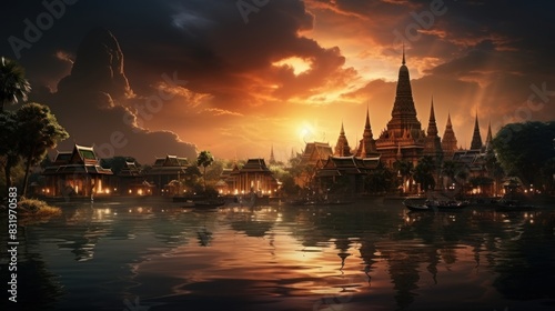 Magnificent view of a historical temple complex reflecting in water, with a dramatic sunset backdrop