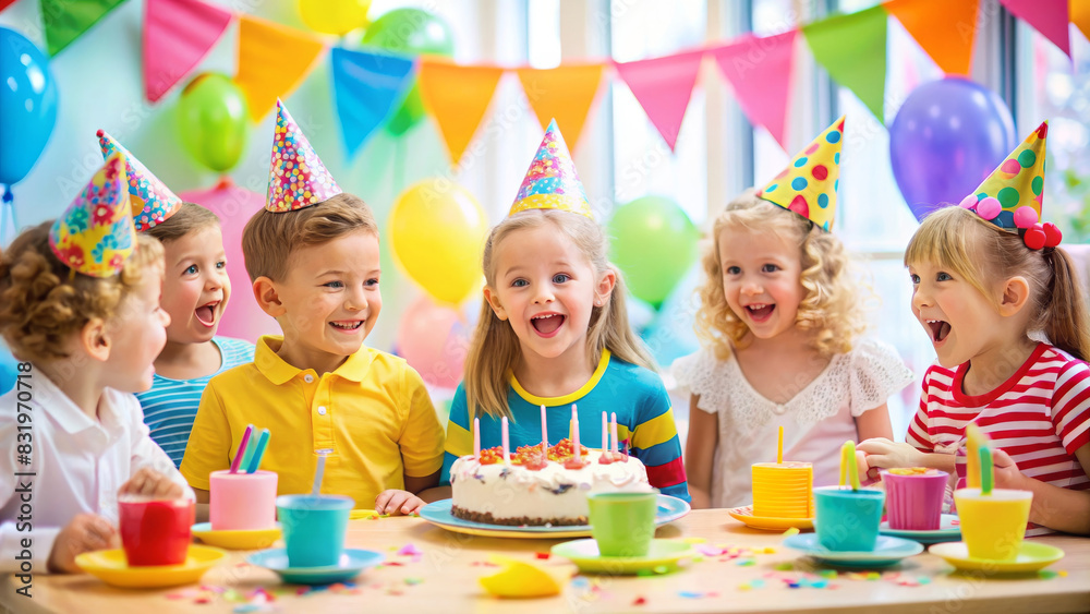 Kids birthday party. Child blowing candles on cake and opening presents. Friends celebrating birthday at home with dessert and sweet candy