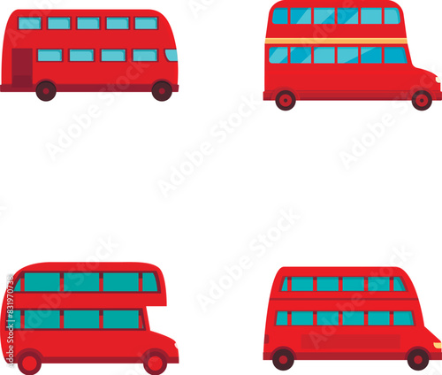 London bus icons set cartoon vector. British red double decker bus. City transport