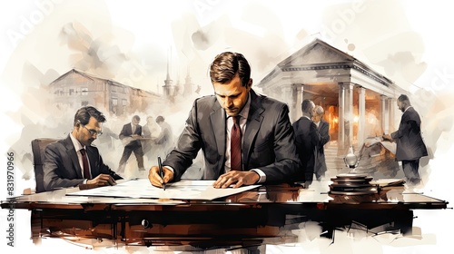 Digitally painted illustration showing a focused businessman signing documents at a desk with a courthouse and people in the background