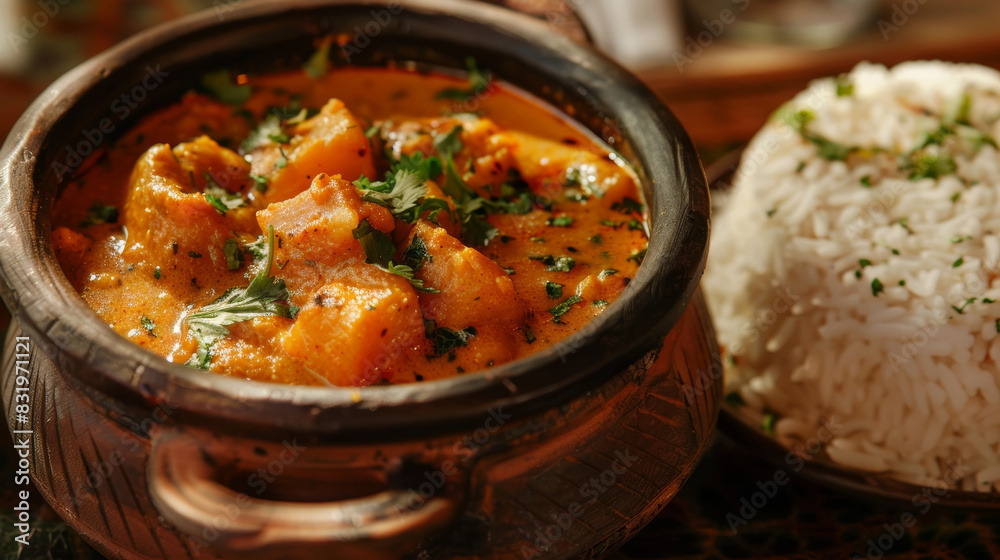 Close-up of spicy Indian curry served in a traditional clay pot with rice on the side. A flavorful and aromatic dish representing the rich culinary heritage of India Close-up of spicy Indian curry served in a traditional clay pot with rice on the side. A flavorful and aromatic dish representing the rich culinary heritage of India