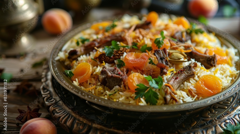 Azerbaijani plov in an ornate dish, rice pilaf with saffron, apricots, and lamb. A traditional Azerbaijani dish known for its rich flavors and aromatic rice. Azerbaijani plov in an ornate dish, rice pilaf with saffron, apricots, and lamb. A traditional Azerbaijani dish known for its rich flavors and aromatic rice.