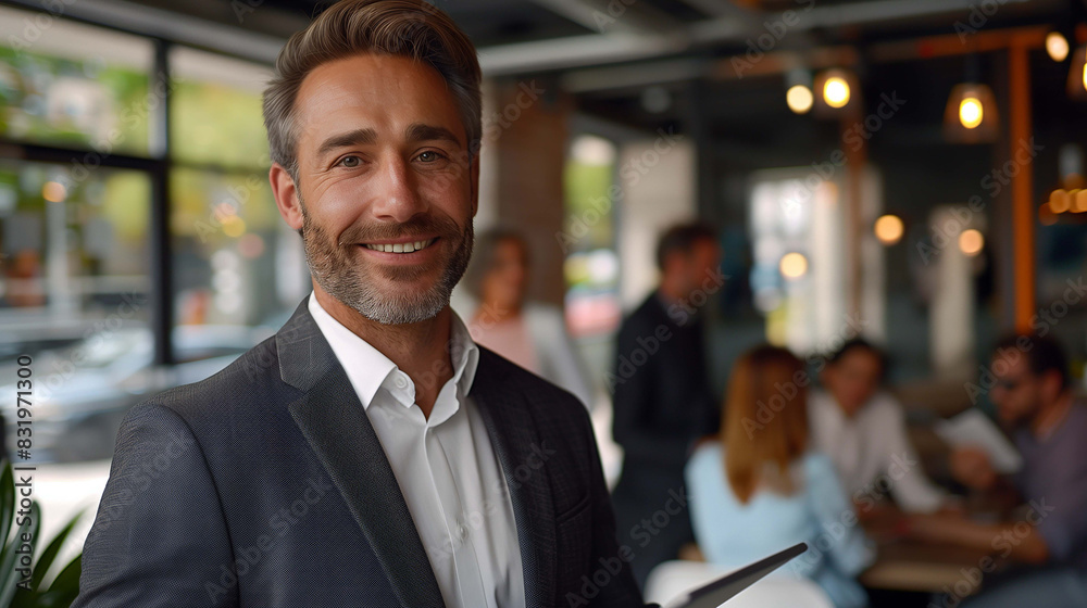 Confident businessman holds a tablet and smiles, his colleagues in a meeting inside the room Confident businessman holds a tablet and smiles, his colleagues in a meeting inside the room