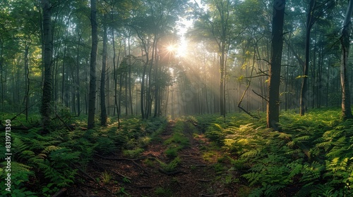 forest scene  tall tree  grass  sun behind the trees