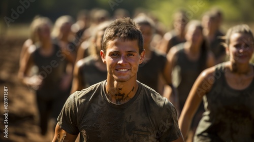 Smiling young man with mud on his face demonstrates resilience and an adventurous spirit at an obstacle race © AS Photo Family