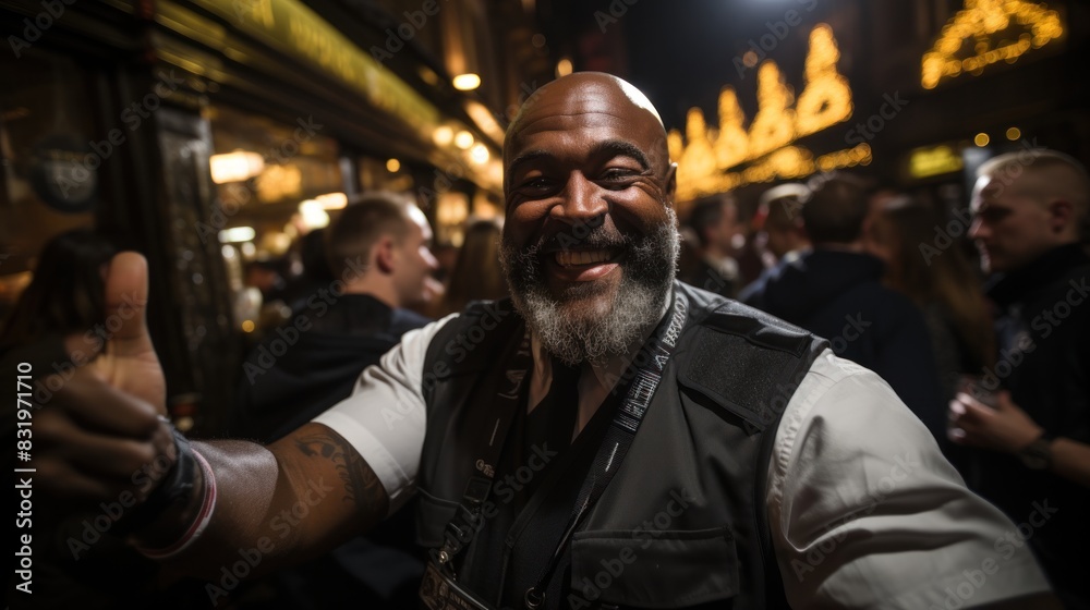 An affable bearded man with a thumbs up sign, enjoying a night event on a busy street, camera slung over shoulder