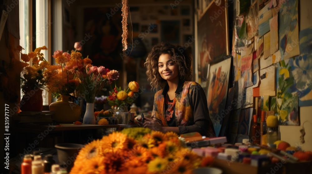 A cheerful young artist with curly hair surrounded by colorful flowers and art supplies in a studio