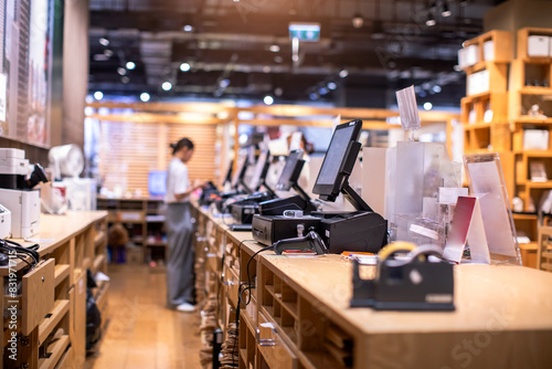 Selective focus to edge of POS machine with blurry cashier staff receive orders from customers at counter service in restaurant or cafe or department store.