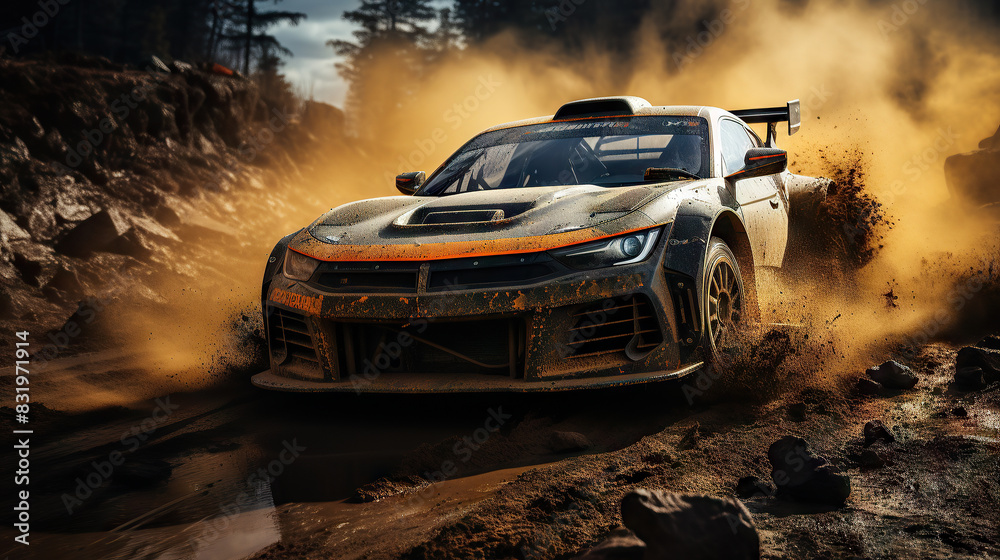 Obraz premium Action shot of a powerful rally car speeding through a dusty off-road track, in a dynamic, high-energy racing environment
