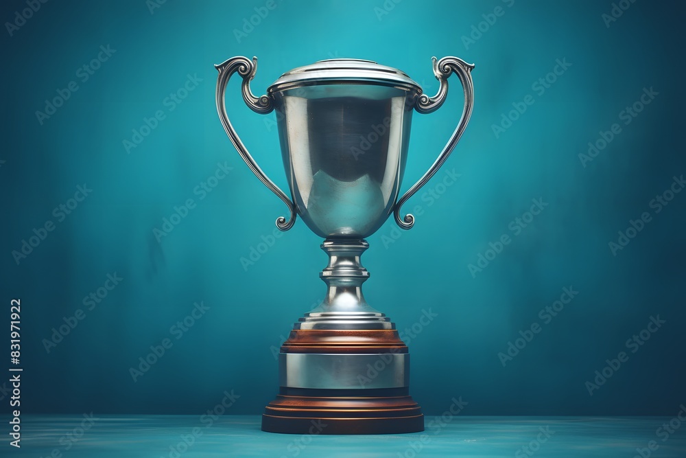 Shiny silver trophy with an elegant base, standing against a blue background. The cup is adorned with intricate designs and features two hands holding the handle at its top. It has been decorated. Shiny silver trophy with an elegant base, standing against a blue background. The cup is adorned with intricate designs and features two hands holding the handle at its top. It has been decorated.