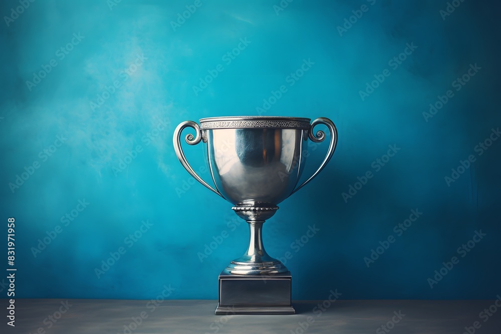 Shiny silver trophy with an elegant base, standing against a blue background. The cup is adorned with intricate designs and features two hands holding the handle at its top. It has been decorated. Shiny silver trophy with an elegant base, standing against a blue background. The cup is adorned with intricate designs and features two hands holding the handle at its top. It has been decorated.