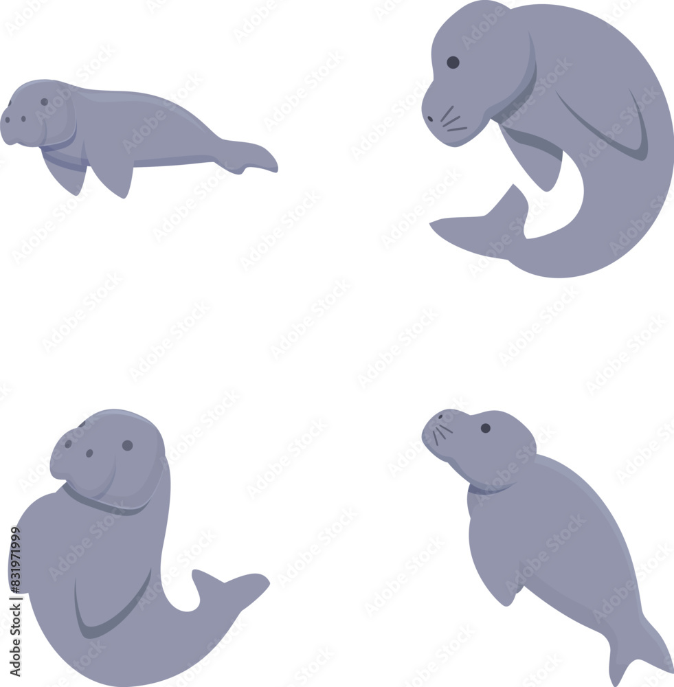 Collection of four adorable cartoon manatee illustrations, showcasing different playful and relaxed positions Collection of four adorable cartoon manatee illustrations, showcasing different playful and relaxed positions