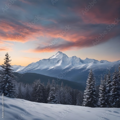 AI generated illustration of the sunset casting warm light on snowy trees and mountain