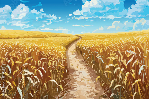 Path through fields of ripe wheat, blue sky. Agriculture. Vector summer landscape