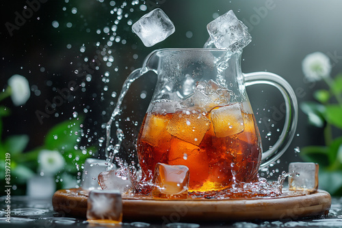 A glass mug of iced tea with a splash of ice cubes on dark background, conveying a refreshing and energizing moment. sense of freshness and can be used in beverage ads or hot summer promotions.