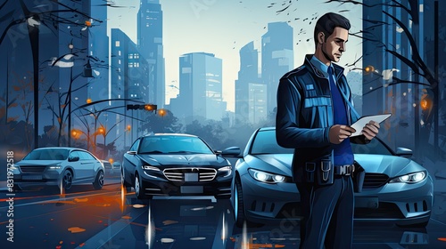 Stylized illustration of a handsome detective with sleek cars and a city background photo