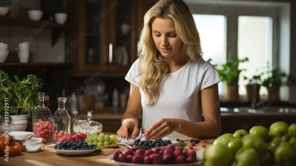 A focused woman arranges assorted berries on a table, creating fresh fruit snacks in a bright kitchen A focused woman arranges assorted berries on a table, creating fresh fruit snacks in a bright kitchen