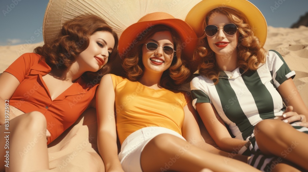 Fototapeta premium Three stylish women in vibrant retro outfits laugh together on a sandy beach under a sunny sky