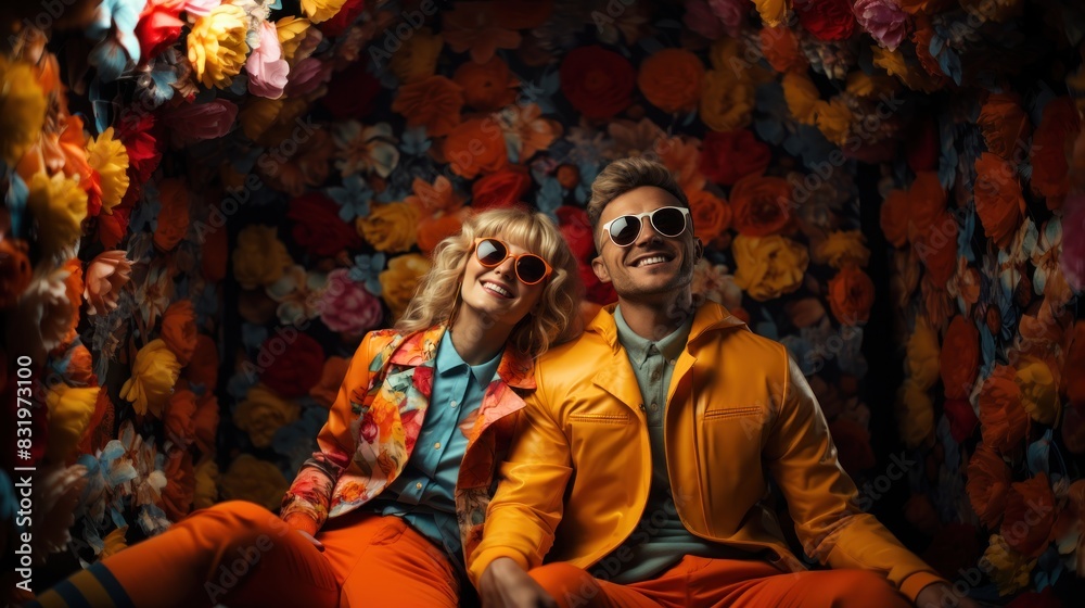 Cheerful couple dressed in retro outfits poses in front of a flower wall Cheerful couple dressed in retro outfits poses in front of a flower wall