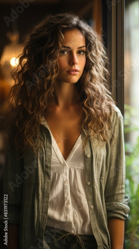 A pensive woman in casual attire stands near a window with soft lighting