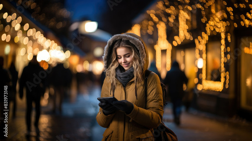 A woman enjoys a winter evening outside, looking at her phone near holiday lights