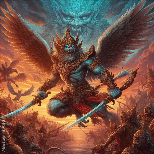 Garuda bird with a heroic battle background