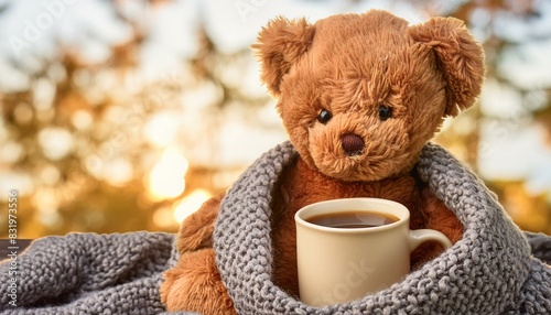 Cozy Moments: Teddy Bear Snuggled in a Blanket With Coffee © Sadaqat