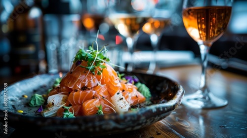 Fototapeta Naklejka Na Ścianę i Meble -  Icelandic hakarl on a small dish, served with shots of Brennivin. A unique and traditional Icelandic delicacy.