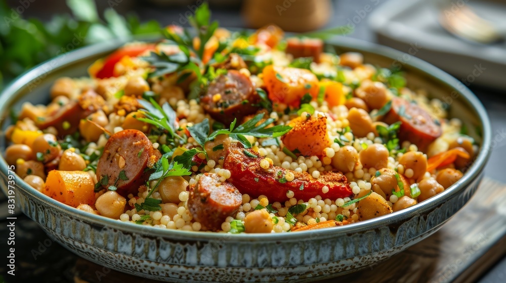 Algerian couscous in a large bowl, with vegetables, chickpeas, and spicy merguez sausage. A flavorful and traditional dish from Algeria. Algerian couscous in a large bowl, with vegetables, chickpeas, and spicy merguez sausage. A flavorful and traditional dish from Algeria.