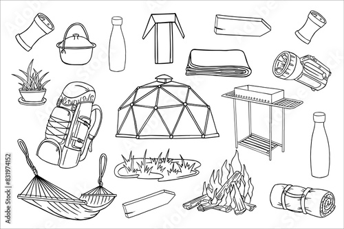 Hand drawn travel illustration. Outdoor camping doodle set. Glamping is a comfortable holiday. Gear for wild adventures. Simple vector doodle collection of campfire, tent, house, summer nights and