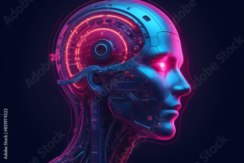 humanoid robot head representing artificial intelligence, with colorful digital elements symbolizing futuristic technology and innovation