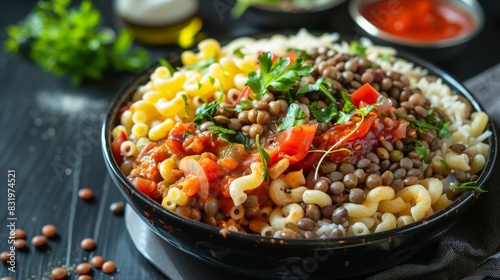Egyptian koshari, a hearty dish with layers of rice, macaroni, lentils, and a spicy tomato sauce, representing the flavors of Egypt. photo