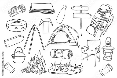 Hand drawn travel illustration. Outdoor camping doodle set. Glamping is a comfortable holiday. Gear for wild adventures. Simple vector doodle collection of campfire, tent, house, summer nights and