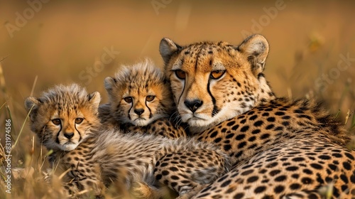 cheetah cubs and mother portrait. Generative Ai