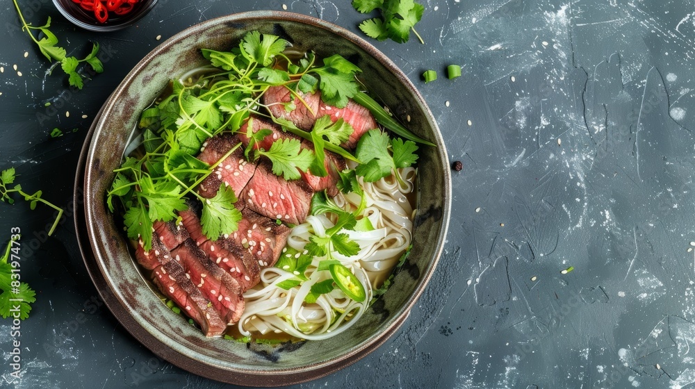 Aromatic Vietnamese pho, a traditional dish featuring noodles, beef slices, and fresh herbs in a flavorful broth. A popular and delicious meal from Vietnam's culinary heritage. Aromatic Vietnamese pho, a traditional dish featuring noodles, beef slices, and fresh herbs in a flavorful broth. A popular and delicious meal from Vietnam's culinary heritage.