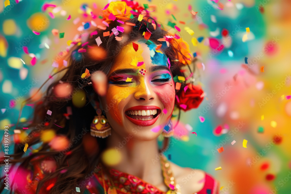 A beautiful woman surrounded by falling confetti A beautiful woman surrounded by falling confetti