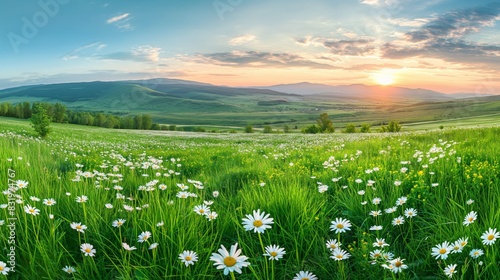 Beautiful spring and summer panoramic pastoral landscape, featuring a blooming field of daisies amidst lush green grass.
