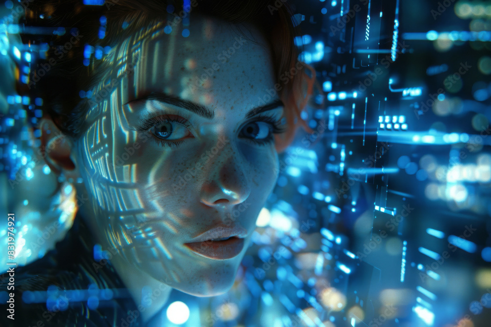 A beautiful woman's face is projected on glass, surrounded by futuristic technological elements like circuit boards and blue lights, against a dark background with light effects.