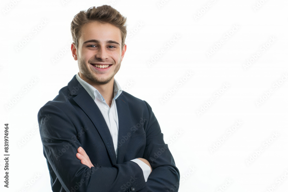 A young businessman stands with a smile and arms crossed, isolated on a white background. A young businessman stands with a smile and arms crossed, isolated on a white background.