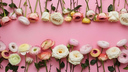 Flowers composition border pattern made of roses and ranunculus flowers on pink background flat lay top view