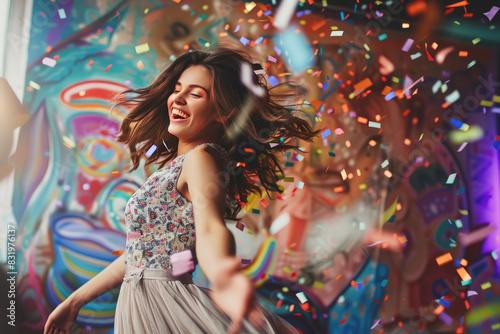 A beautiful woman wearing a dress is smiling and dancing in the air, surrounded by falling confetti