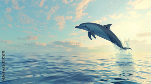 A dolphin is leaping out of the water. Concept of freedom and joy  as the dolphin soars through the air. The blue ocean and sky in the background add to the feeling of vastness and openness