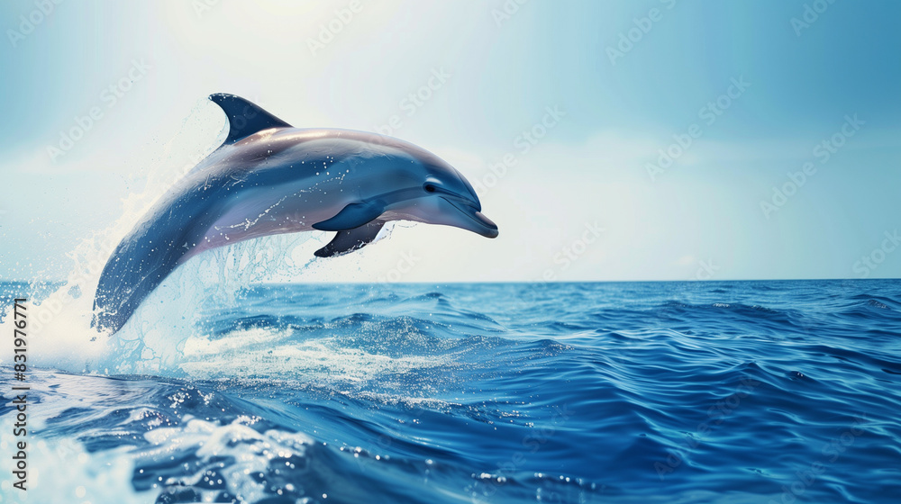 Naklejka premium A dolphin is leaping out of the water. Concept of freedom and joy, as the dolphin soars through the air. The blue ocean and sky in the background add to the feeling of vastness and openness