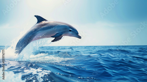A dolphin is leaping out of the water. Concept of freedom and joy  as the dolphin soars through the air. The blue ocean and sky in the background add to the feeling of vastness and openness