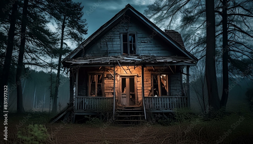Obraz premium Eerie Abandoned House in the Woods: A Perfect Horror Scene