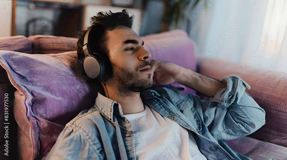 Fototapeta premium A man listening to music at home
