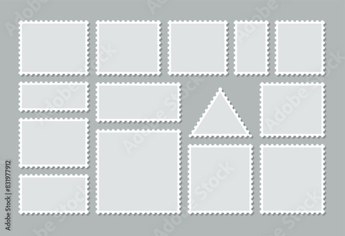 Post stamps collection. Postal shapes border. Paper postmarks isolated on background. Empty stamps set. Blank frames for mail letter. Postage perforated templates. Vector illustration. Flat design.