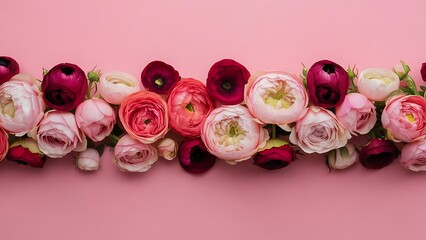 Flowers composition border pattern made of roses and ranunculus flowers on pink background flat lay top view
