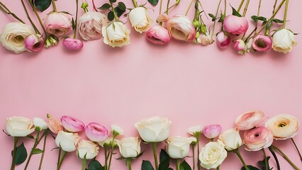 Flowers composition border pattern made of roses and ranunculus flowers on pink background flat lay top view